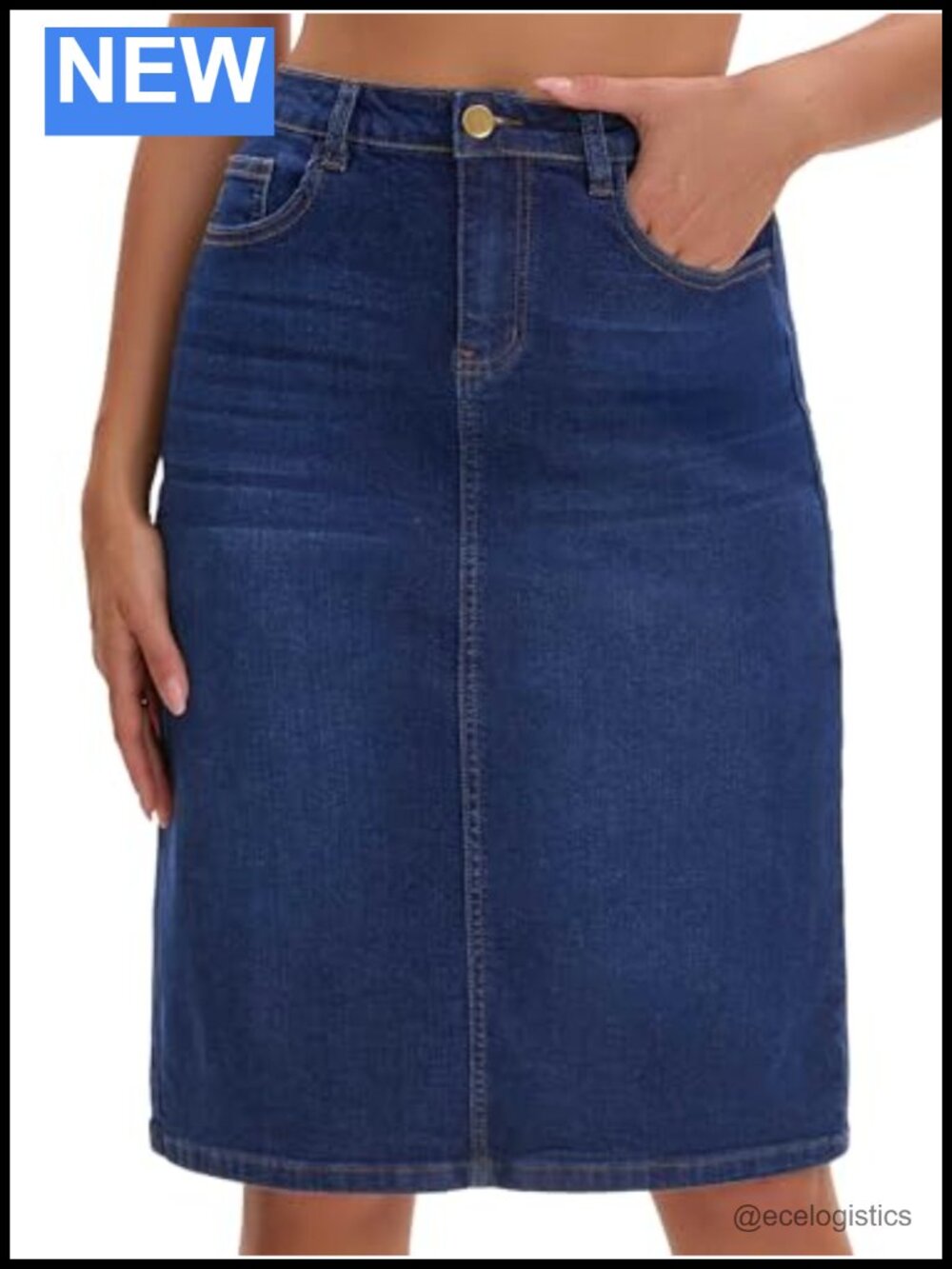 High Waisted Stretchy Denim Skirt Below Knee Back Slit Pockets